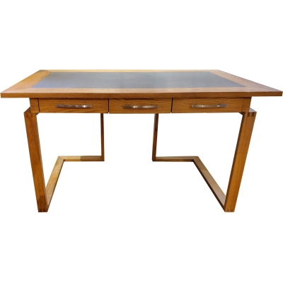 Contemporary Ash Wood and Faux Leather Desk With Three Drawers