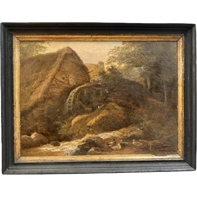 19th Century English Oil Painting of a Thatched Mill by T. Whittle, Dated 1881