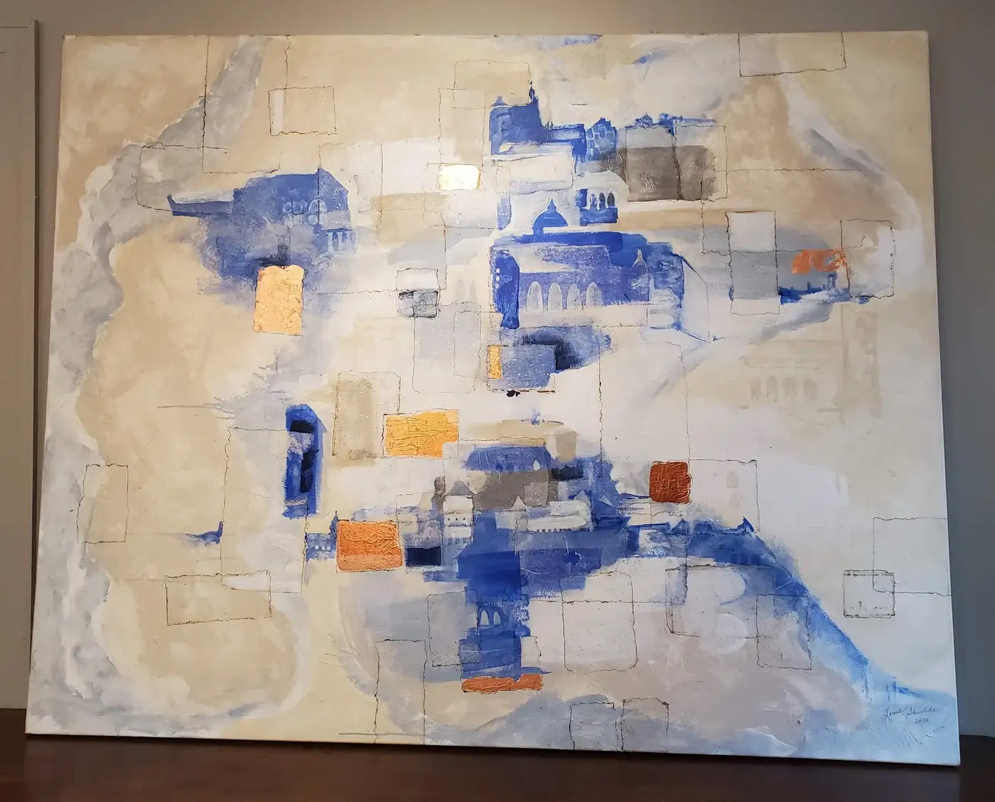 "Veiled Paths" Abstract Architecture Blue, White & Bronze Mixed-Media Painting by Louis Shields, Element Series, 2020 - Image 6