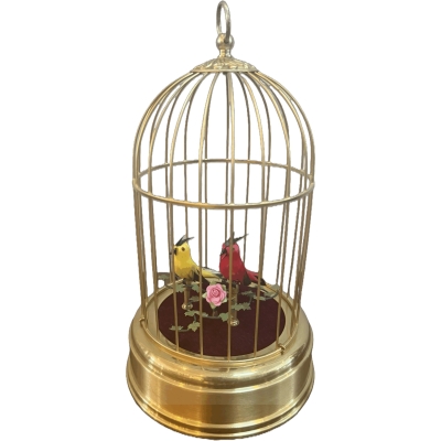 Early 20th Century West German Two-Bird Singing Automaton in Gilded Brass Cage