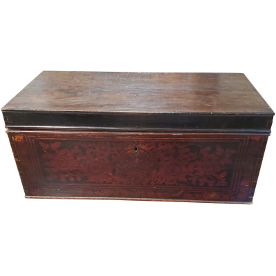 19th Century Indonesian Red and Black Lacquered Document Box with Brass Handles