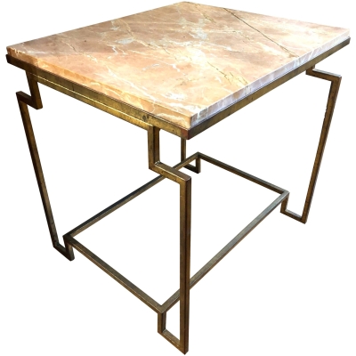 Custom Designed Art Deco Style Gold Gilt Metal Fossilized Limestone Side Table
