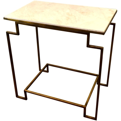 Custom Designed Art Deco Style Gilt Metal & Tan Marble End Table