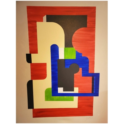 "Exit" Geometric Abstract Mixed-Media Painting, Red, Blue, Black, Green