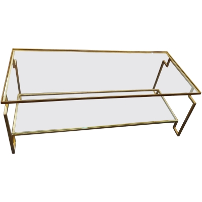 Post Modern Style “Apollo” Gilt Metal Coffee Table with Glass Top & Bottom Shelf
