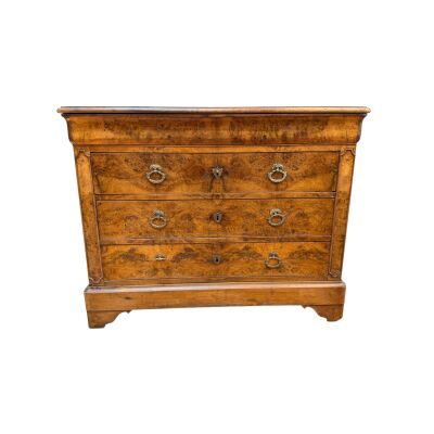 French Provincial Charles X Burled Walnut Commode.